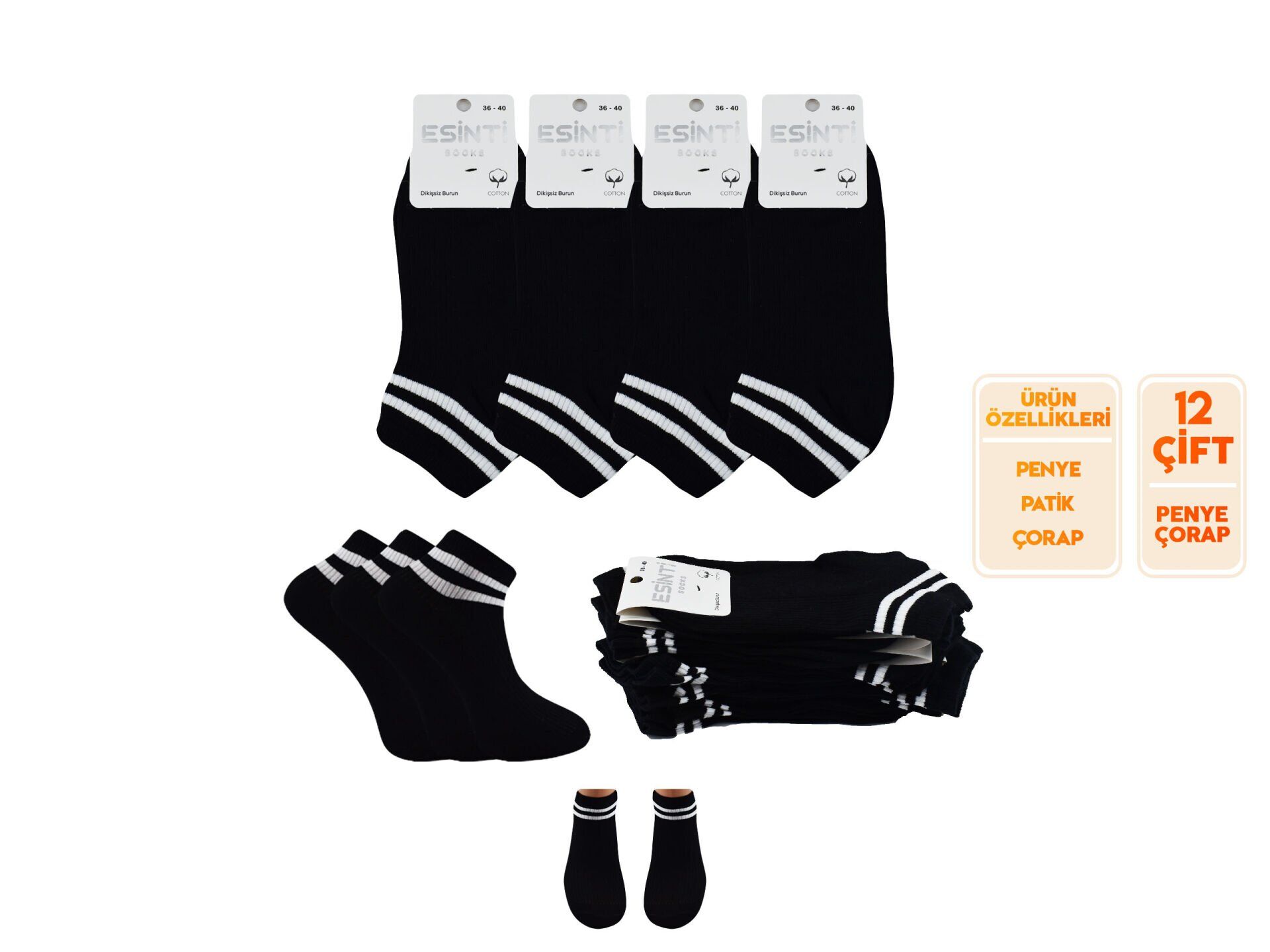 Esinti 30-40 Naturel Pamuk Dikişsiz Bayan Patik 12'li