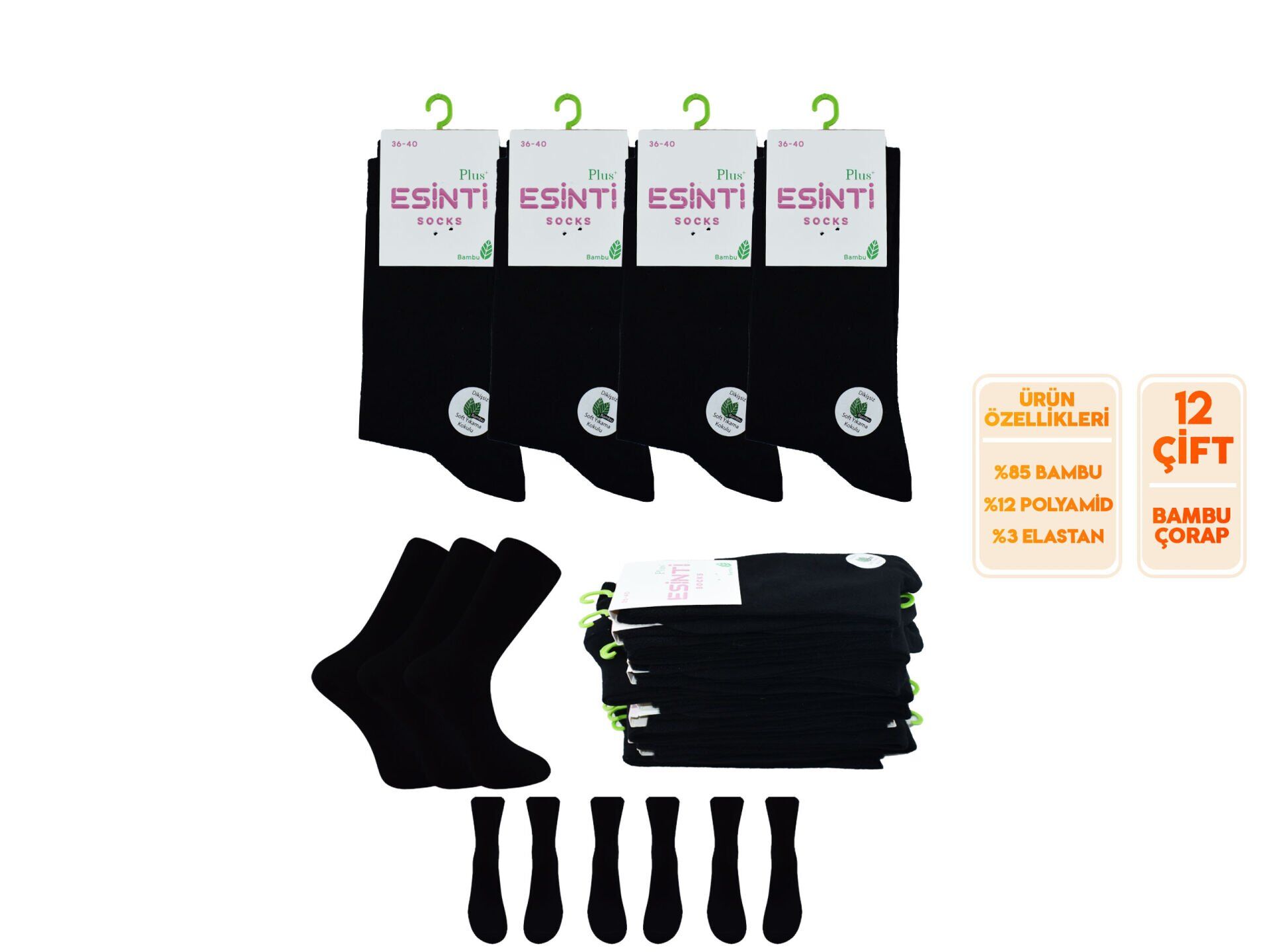 Esinti 27-Siyah Dikişsiz Bayan Bambu Çorap 12'li