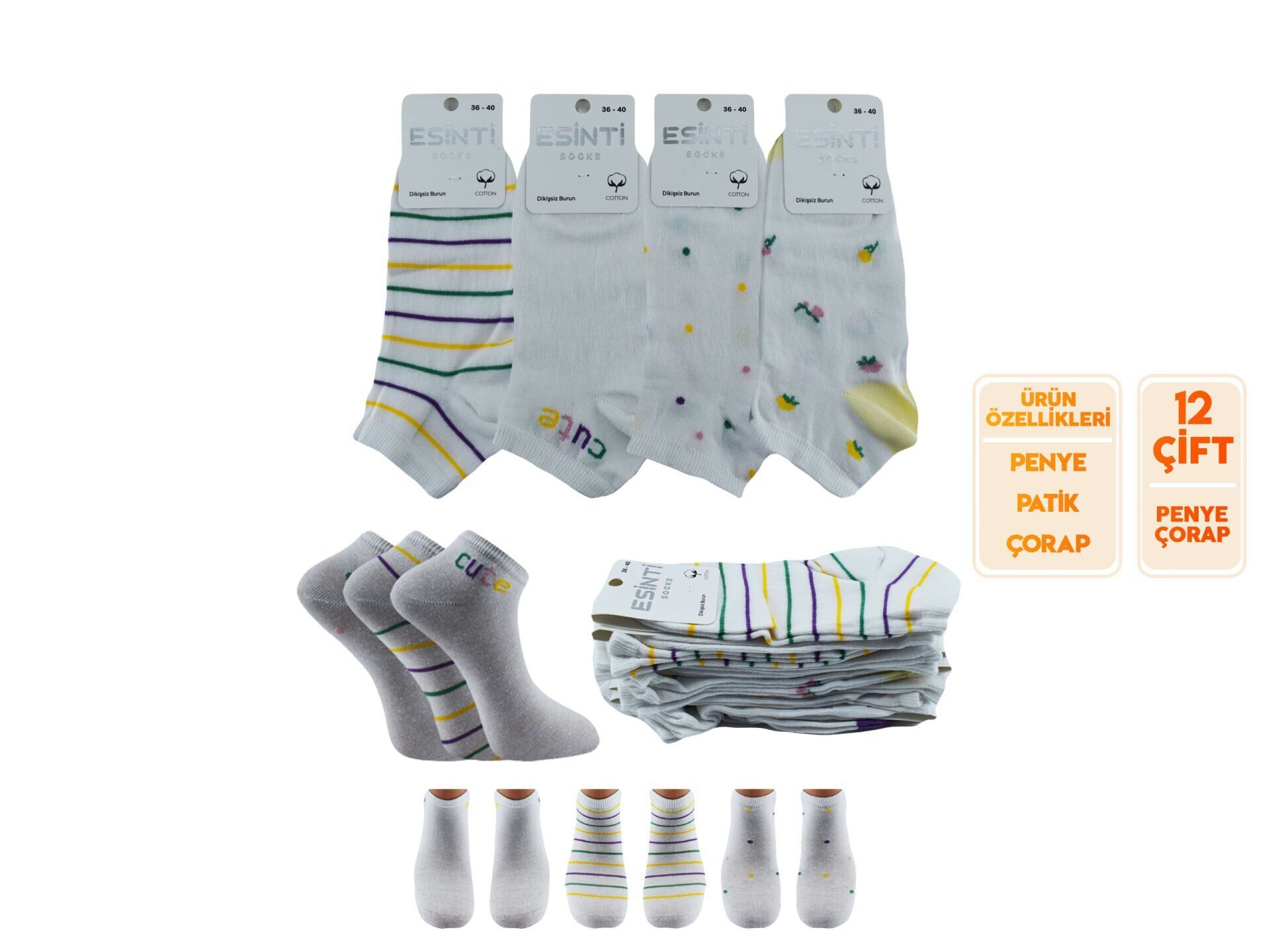 Esinti 30-29 Naturel Pamuk Dikişsiz Bayan Patik 12'li