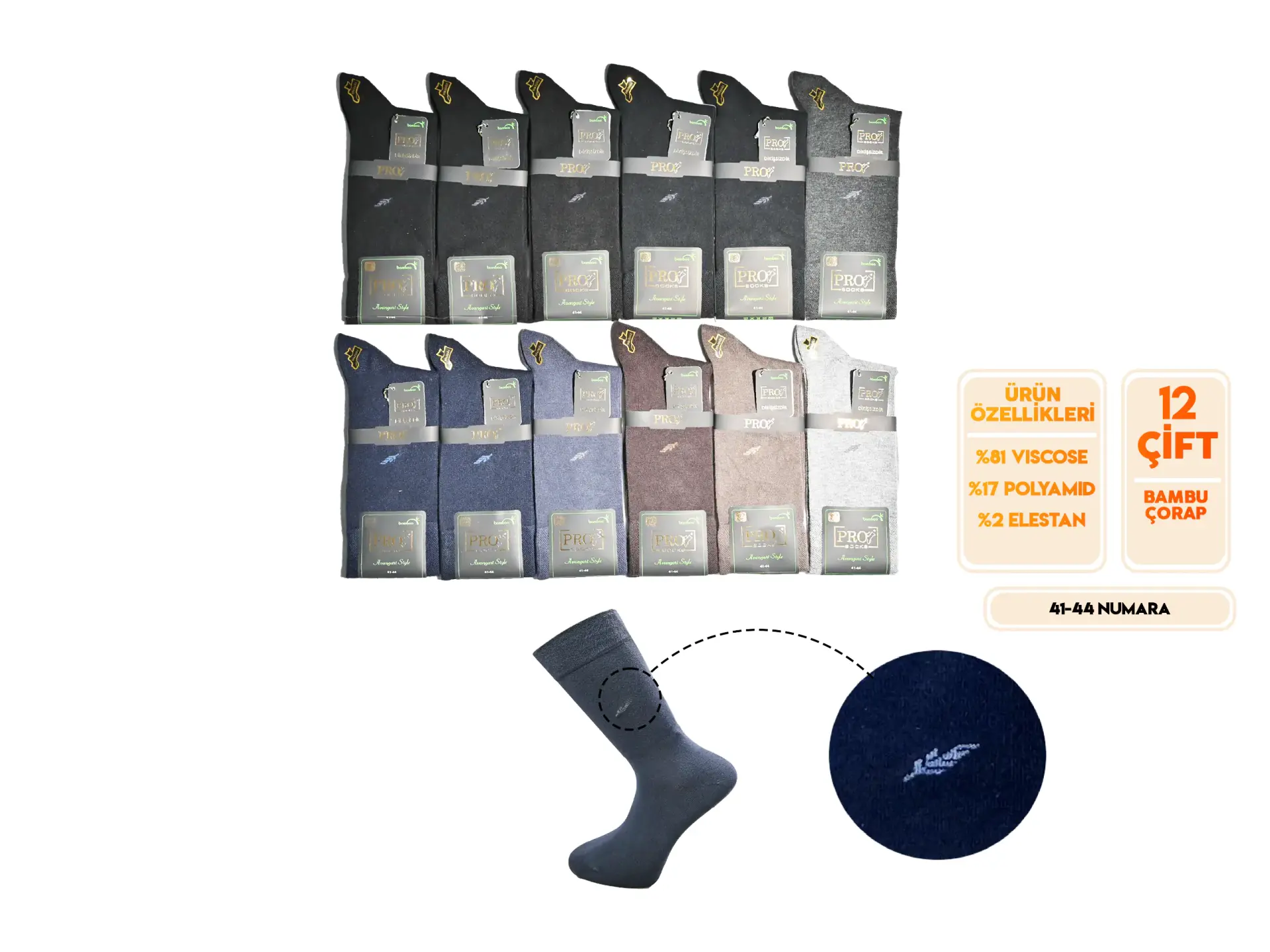 PRO 17652 Dikişsiz Likralı Erkek Bambu Çorap 12'li
