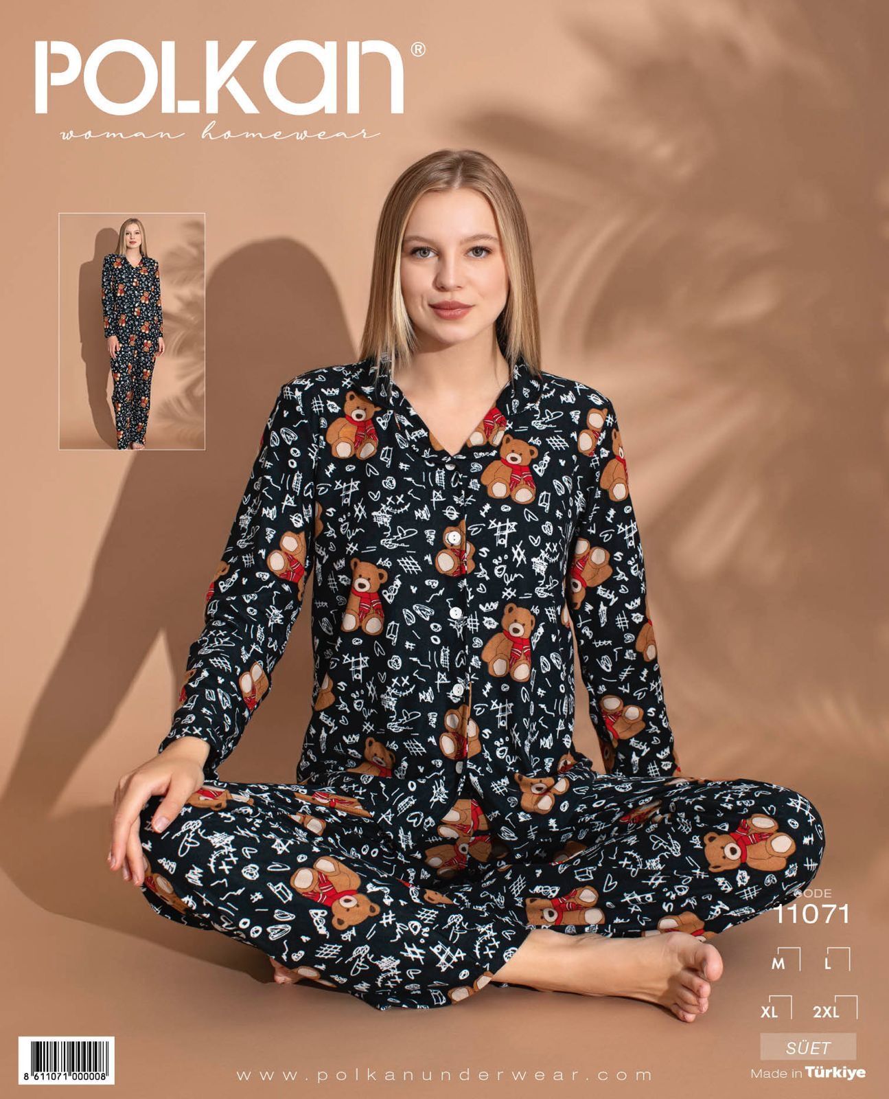 Polkan 11071 Bayan Uzun Kollu Süet Pijama Takım 4'lü