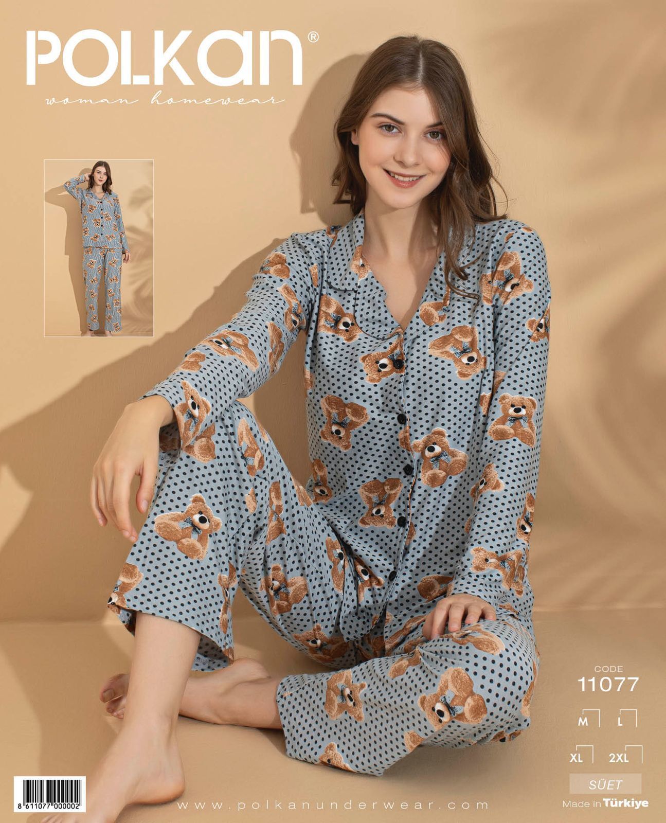 Polkan 11077 Bayan Uzun Kollu Süet Pijama Takım 4'lü