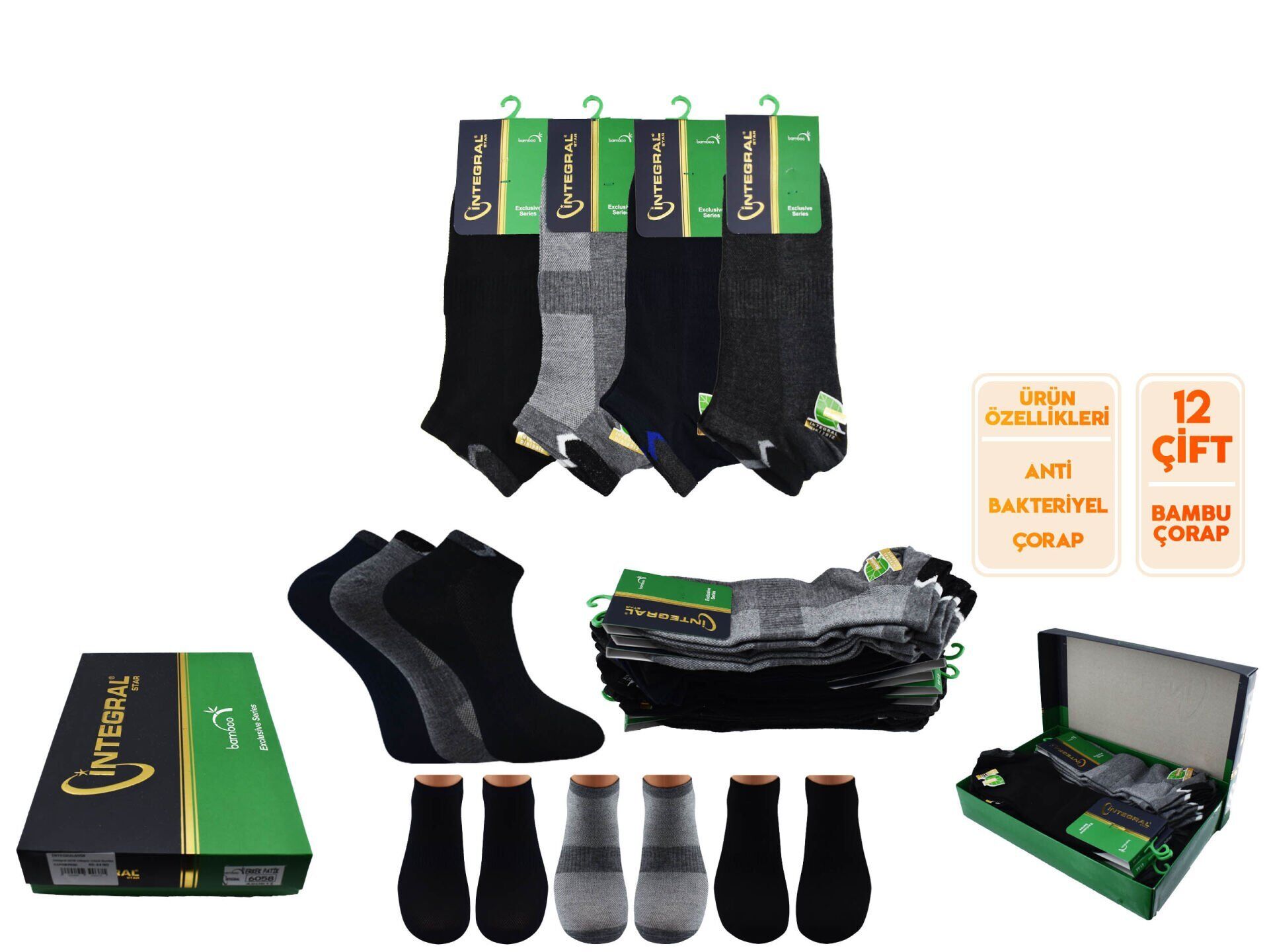 İntegral 6057 Dikişsiz Erkek Bambu Patik 12'li