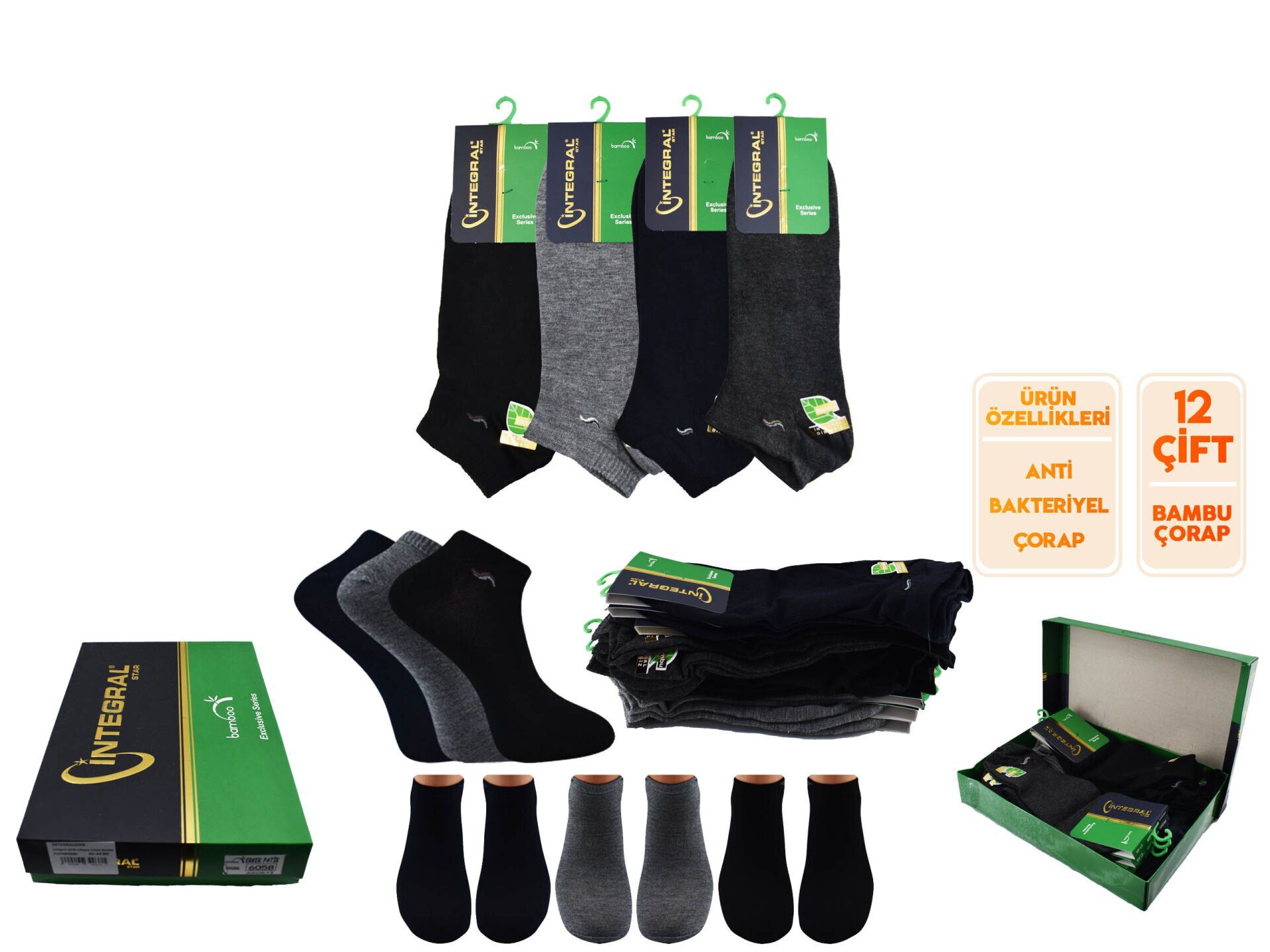 İntegral 6053 Dikişsiz Erkek Bambu Patik 12'li