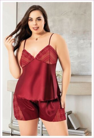 Miss Laris 4249 Battal Beden Bayan Saten Şortlu Takım