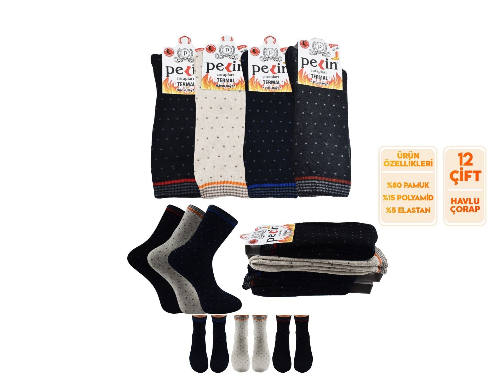 Pelin 10-15 Kışlık Bayan Termal Havlu Çorap 12'li