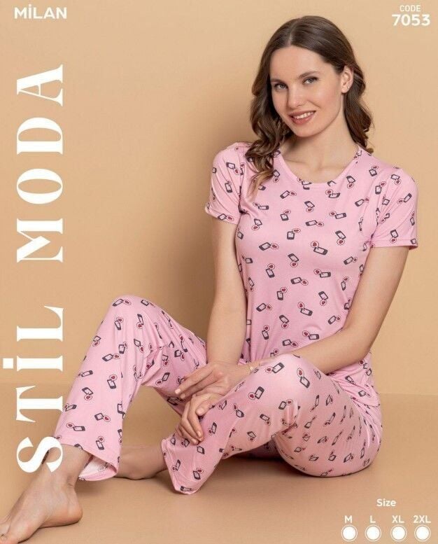 Stil Moda 7053 (M-L-XL-XXL) Milan Bayan Kısa Kol Pijama Takım 4'lü