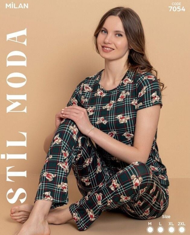 Stil Moda 7054 (M-L-XL-XXL) Milan Bayan Kısa Kol Pijama Takım 4'lü