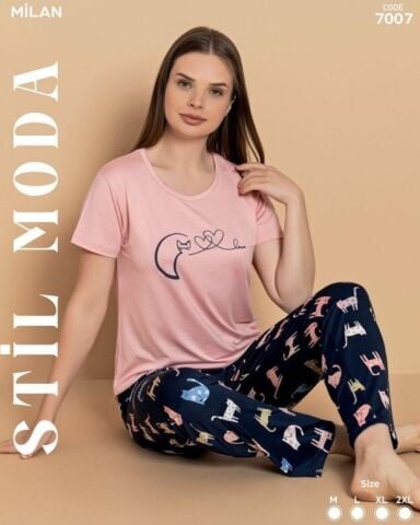 Stil Moda 7007 (M-L-XL-XXL) Milan Bayan Kısa Kol Pijama Takım 4'lü