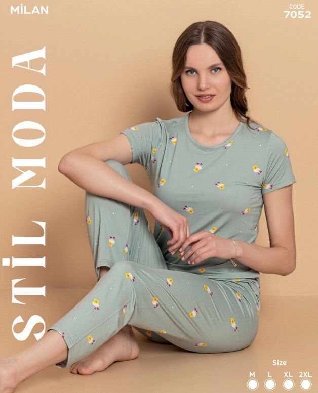 Stil Moda 7052 (M-L-XL-XXL) Milan Bayan Kısa Kol Pijama Takım 4'lü