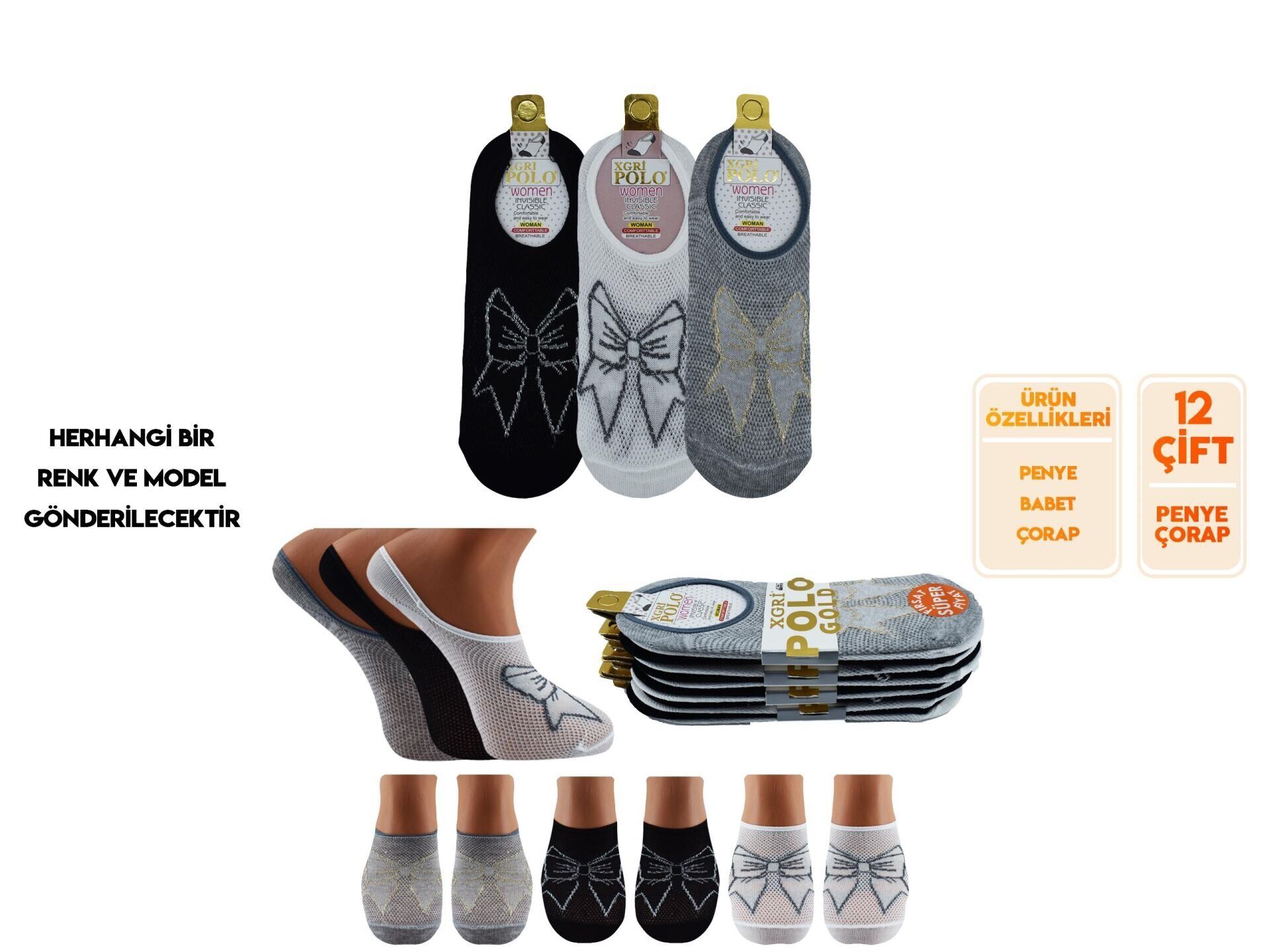 XGRİ POLO 3'lü Yıkamalı Bayan Penye Babet 12'li