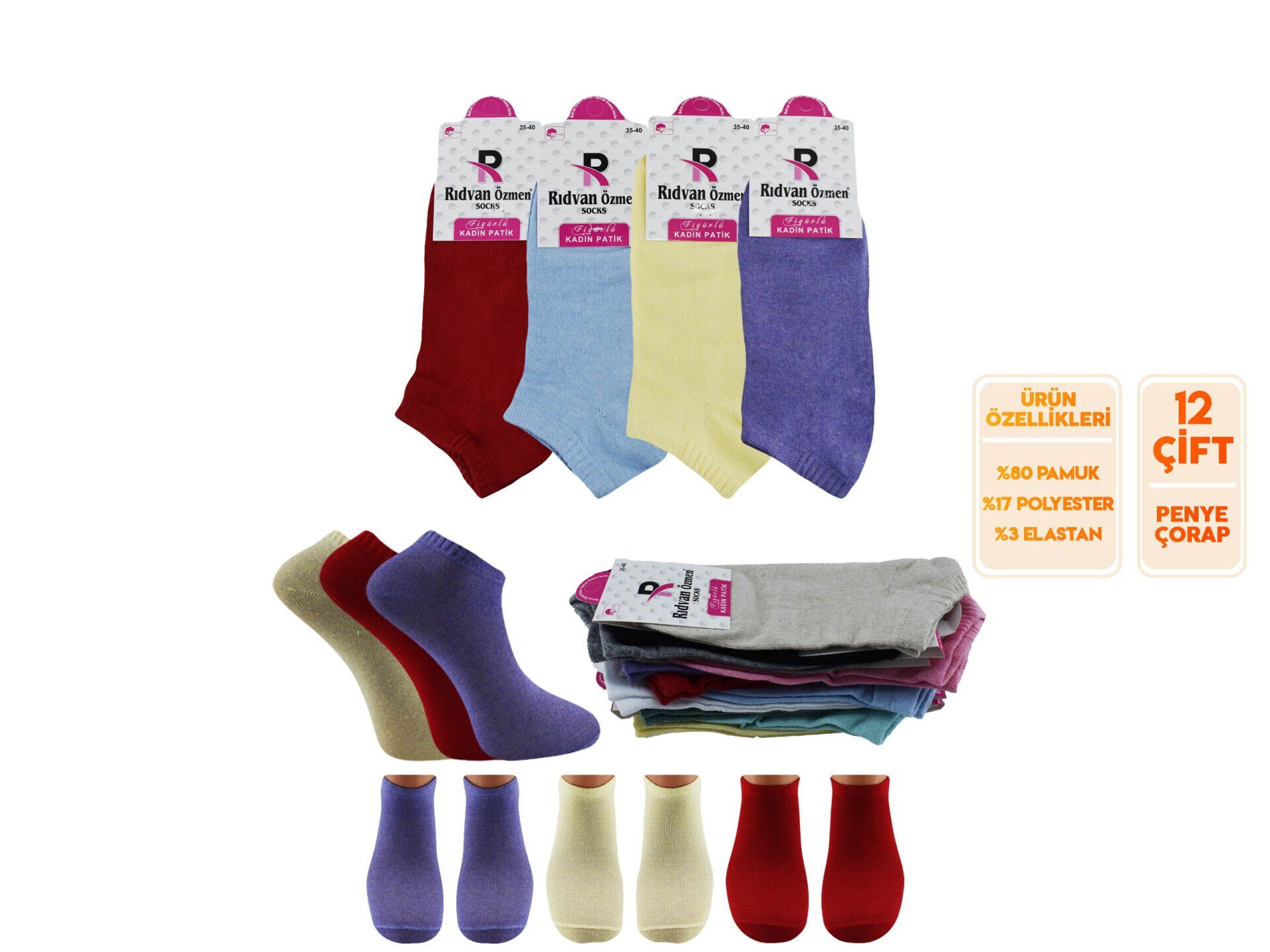 Pelin 12-22 Naturel Penye Parfümlü 3 Boyutlu Bayan Patik 12'li