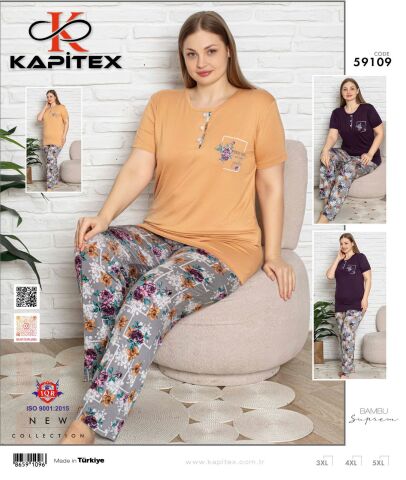Kapitex 59109 Bambu Ring Viskon Battal Beden Bayan Uzun Kol Pijama Takım 3'lü