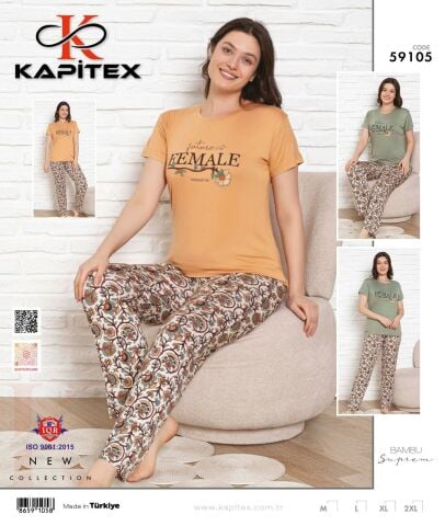 Kapitex 59105 Bambu Ring Viskon Bayan Uzun Kol Pijama Takım 4'lü