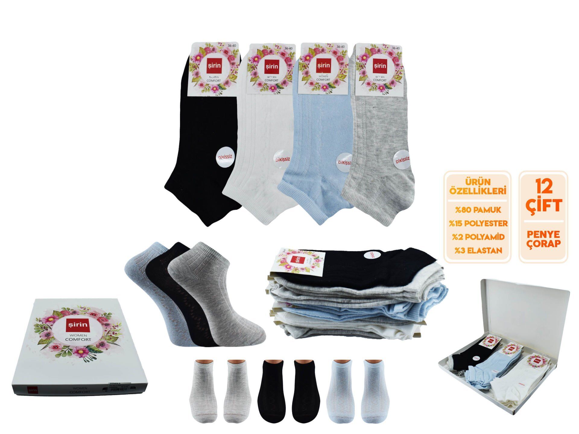 Şirin 4030-34 Dikişsiz Bayan Penye Patik Çorap 12'li