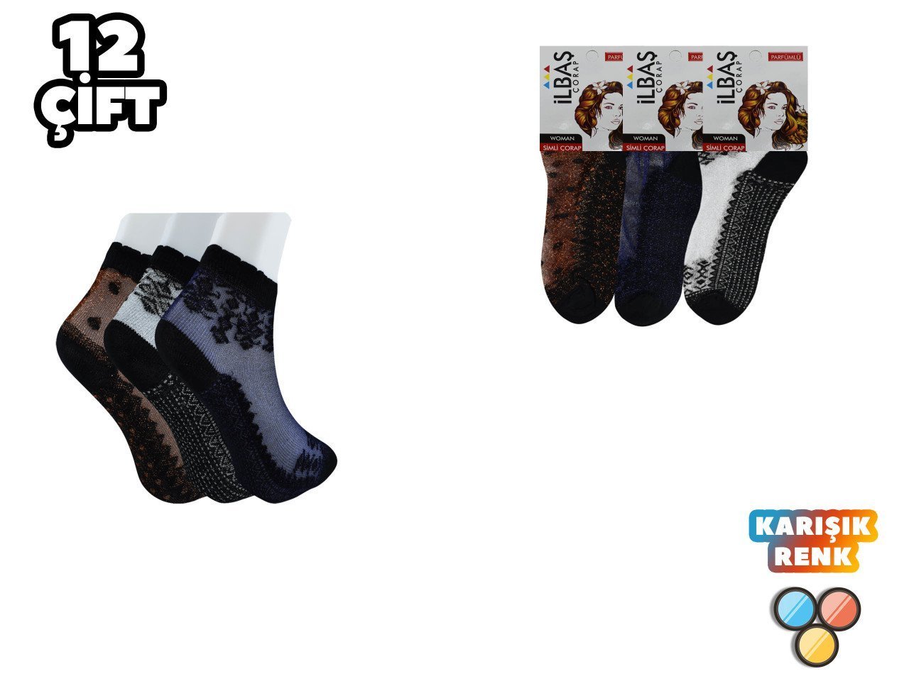 İlbaş Bayan Desenli Simli Tül Patik 12'li