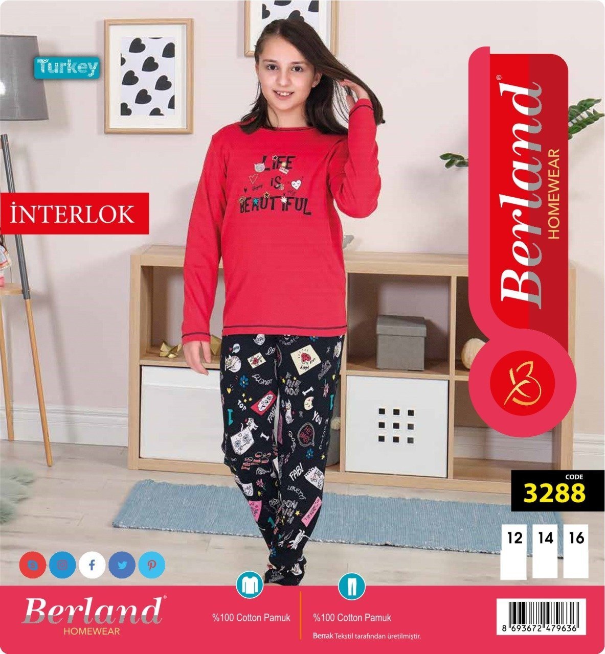 Berland 3288  Kız Çocuk Garson Boy Uzun Kollu İnterlok Pijama Takımı