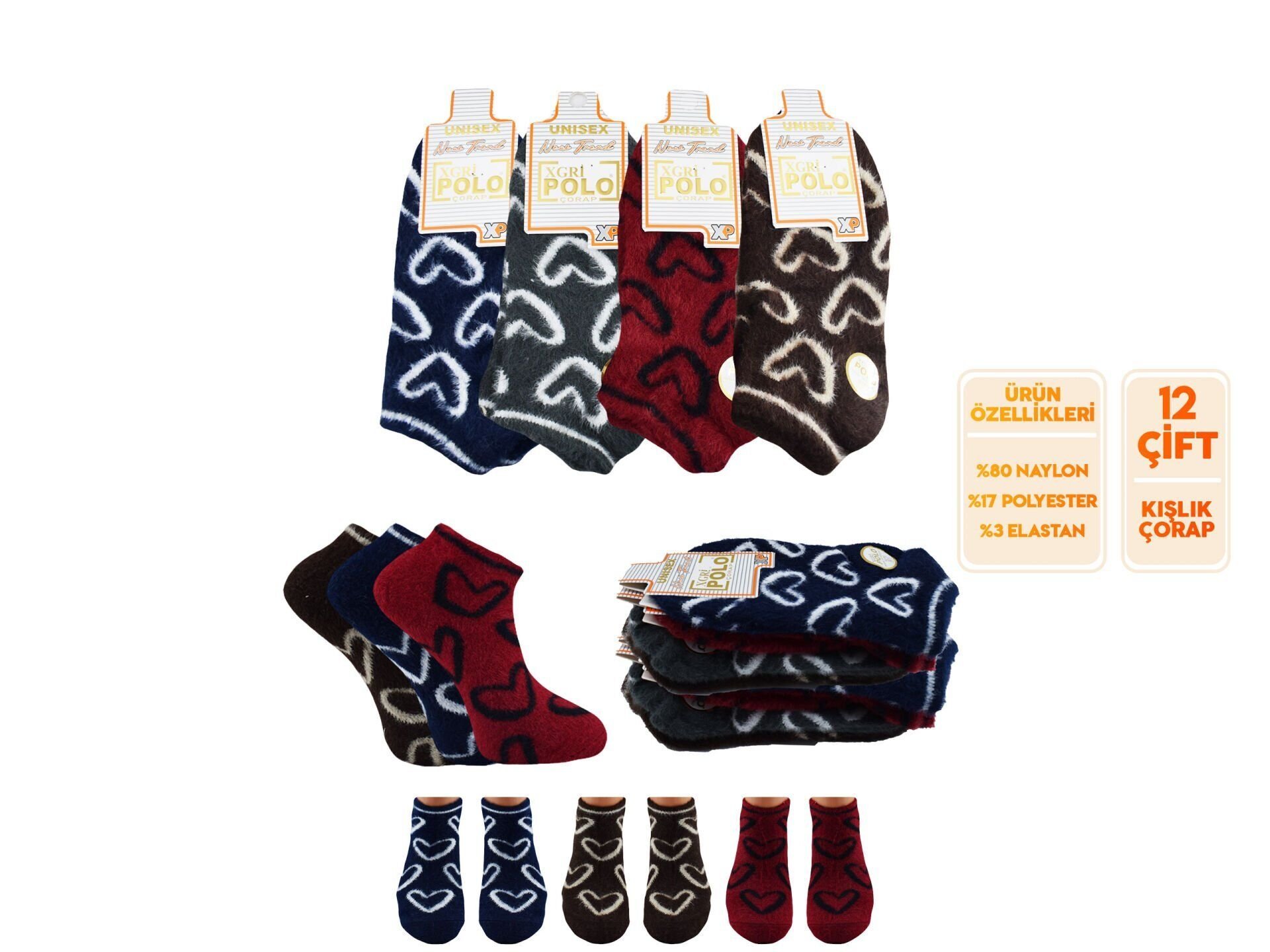 XGRİ POLO 62-1 Yün Jakarlı Yıkamalı Bayan Soket Çorap 12'li