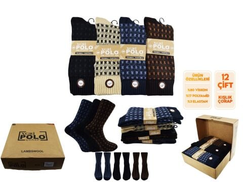 XGRİ POLO E-10 Yün Jakarlı Yıkamalı Erkek Soket Çorap 12'li