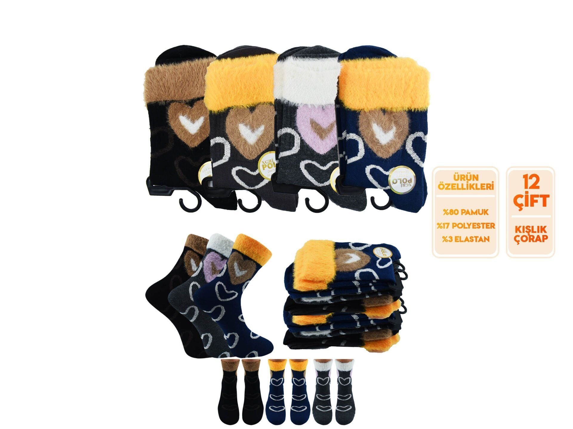 XGRİ POLO 40-2 Havlu Yumoş Peluş Yıkamalı Kışlık Bayan Soket Çorap 12'li