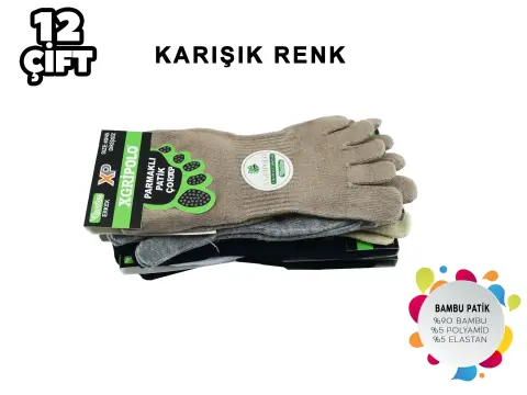 XGRİ POLO E-31 (40-44) Dikişsiz Erkek Bambu Parmak Çorap 12'li