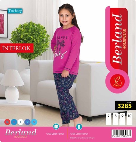Berland 3285 Kız Çocuk Uzun Kollu İnterlok Pijama Takımı