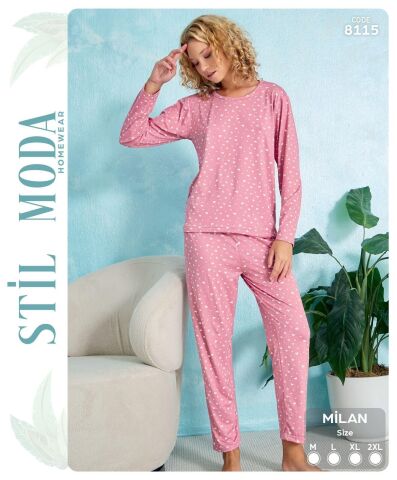 Stil Moda 8115 (M-L-XL-XXL) Milan Bayan Uzun Kol Pijama Takım 4'lü