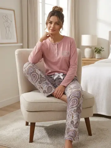 Kapitex 59198 (M-L-XL-XXL) Bayan Uzun Kol Pijama Takım 4'lü