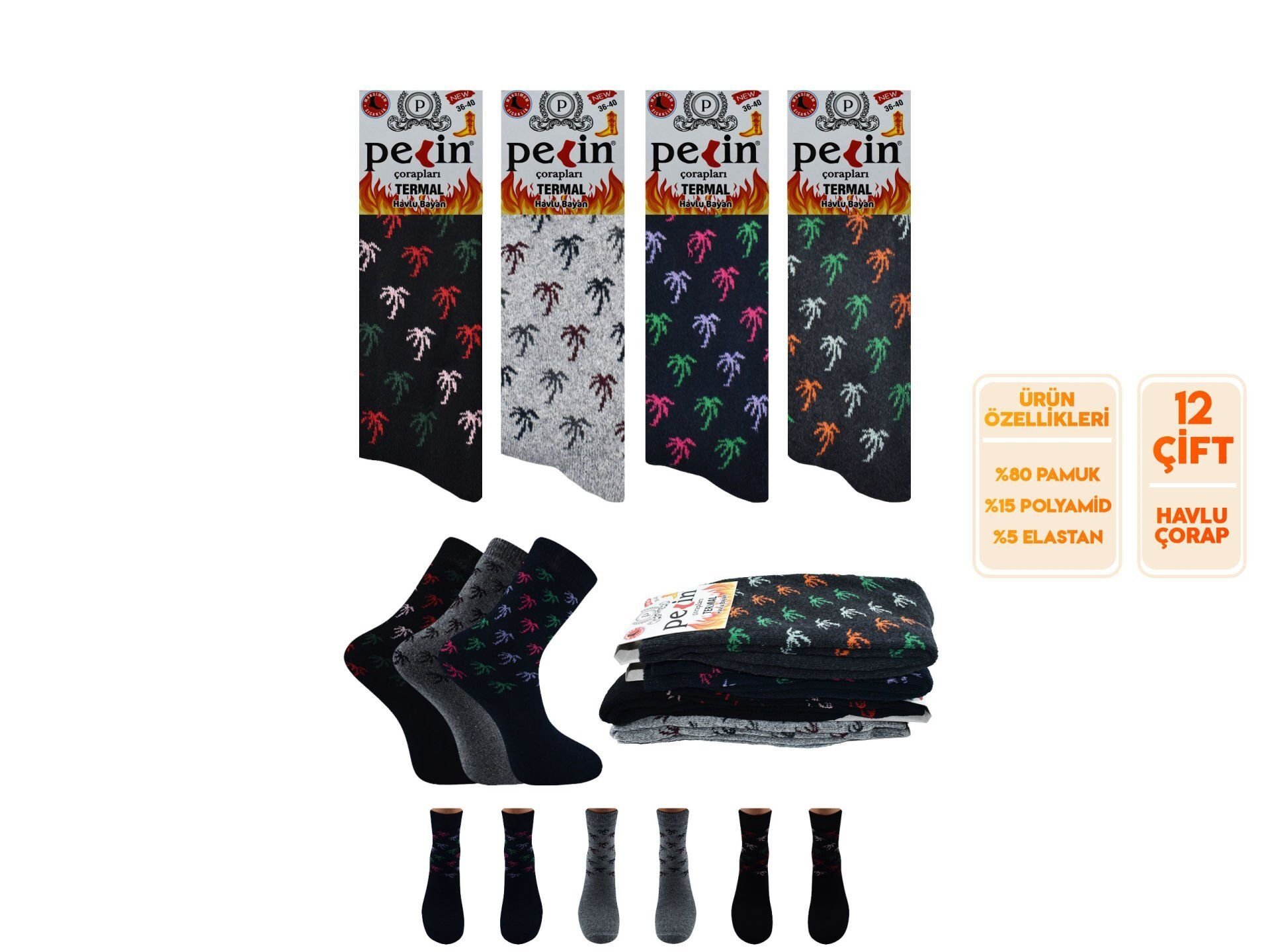 Pelin 10-1 Kışlık Bayan Termal Havlu Çorap 12'li