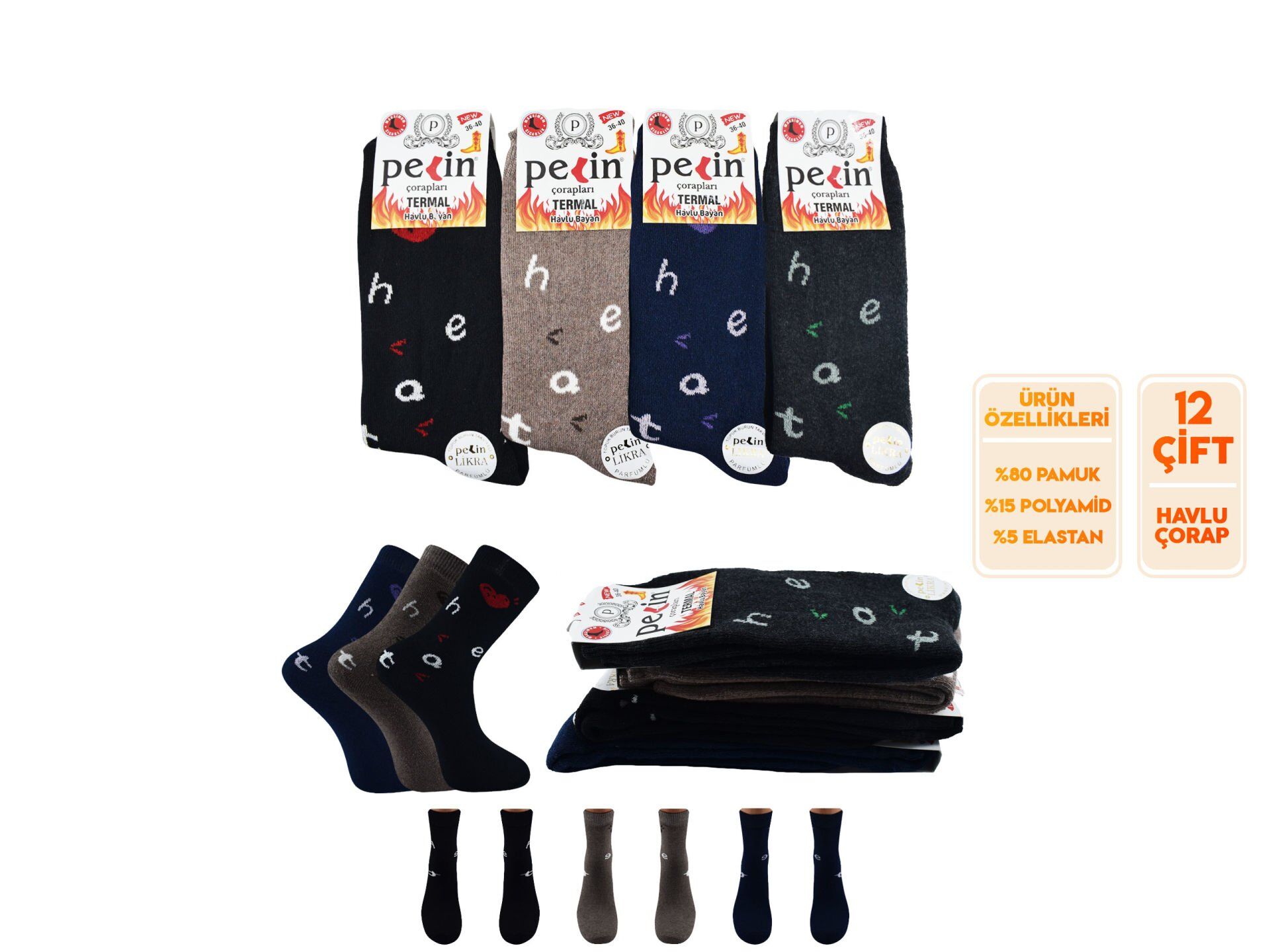 Pelin 10-3 Kışlık Bayan Termal Havlu Çorap 12'li