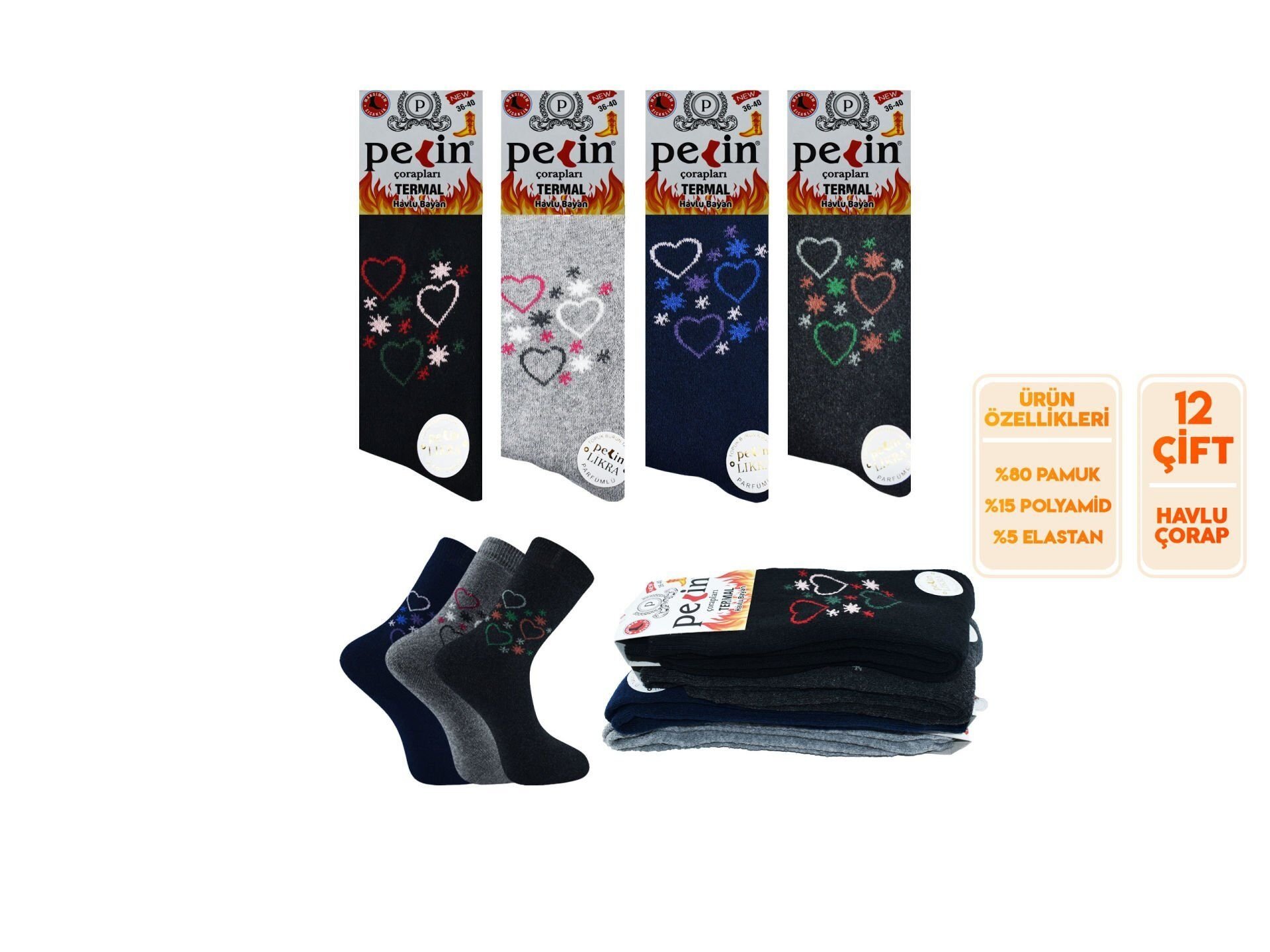 Pelin 10-2 Kışlık Bayan Termal Havlu Çorap 12'li