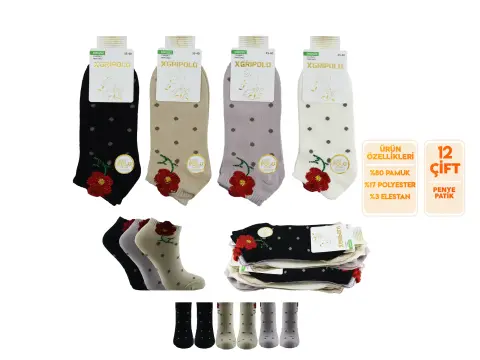 XGRİ POLO 9-1 (35-40) Bayan Taşlı Modelli Penye Patik 12'li