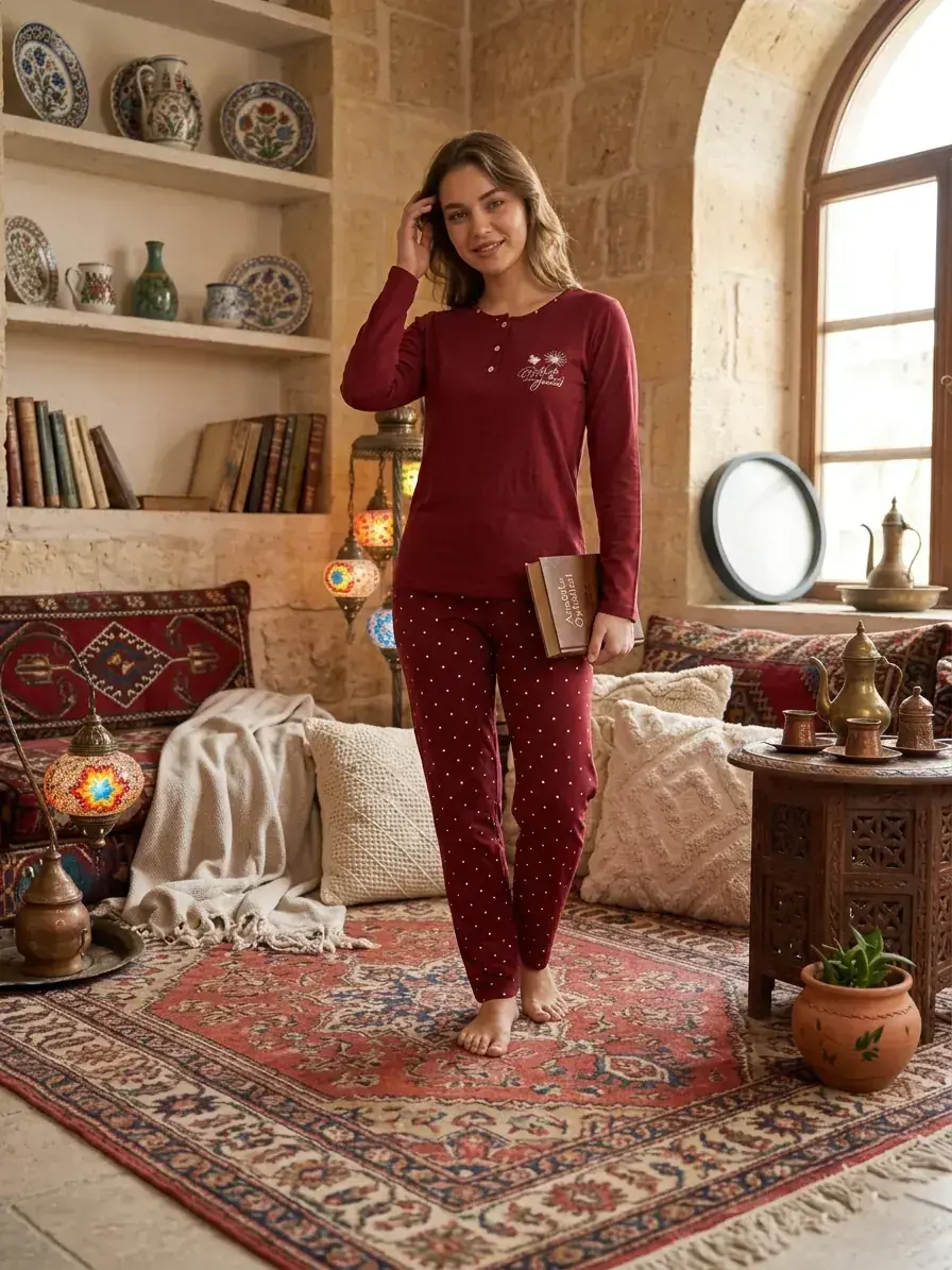 Kapitex 59193 (M-L-XL-XXL) Likralı Milan Bayan Uzun Kollu Pijama Takım 4'lü