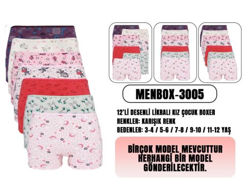 Menbox 3005 Desenli Kız Çocuk Boxer 12'li