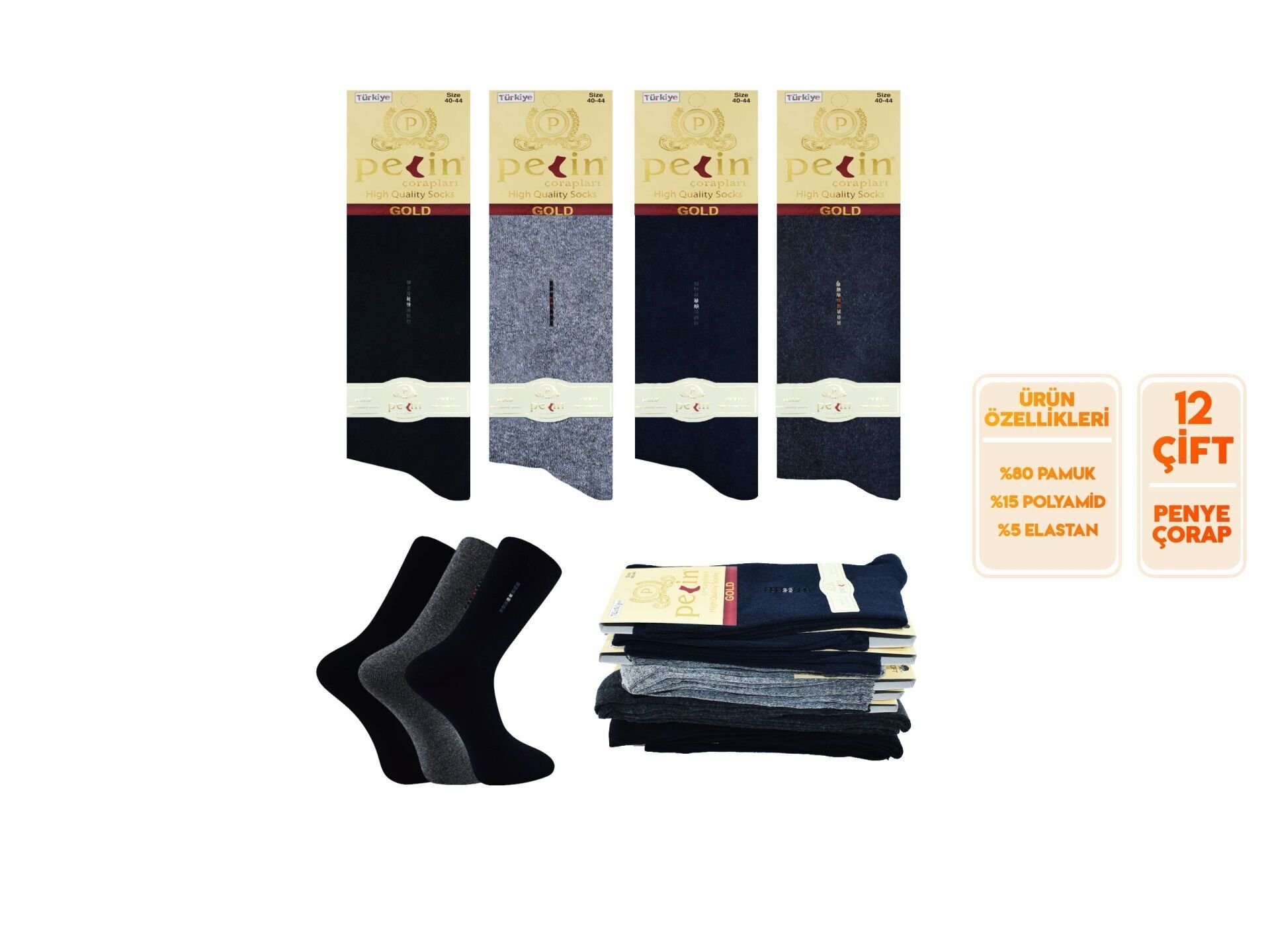 Pelin 1-33 (40-44) Erkek Penye Likralı Çorap 12'li