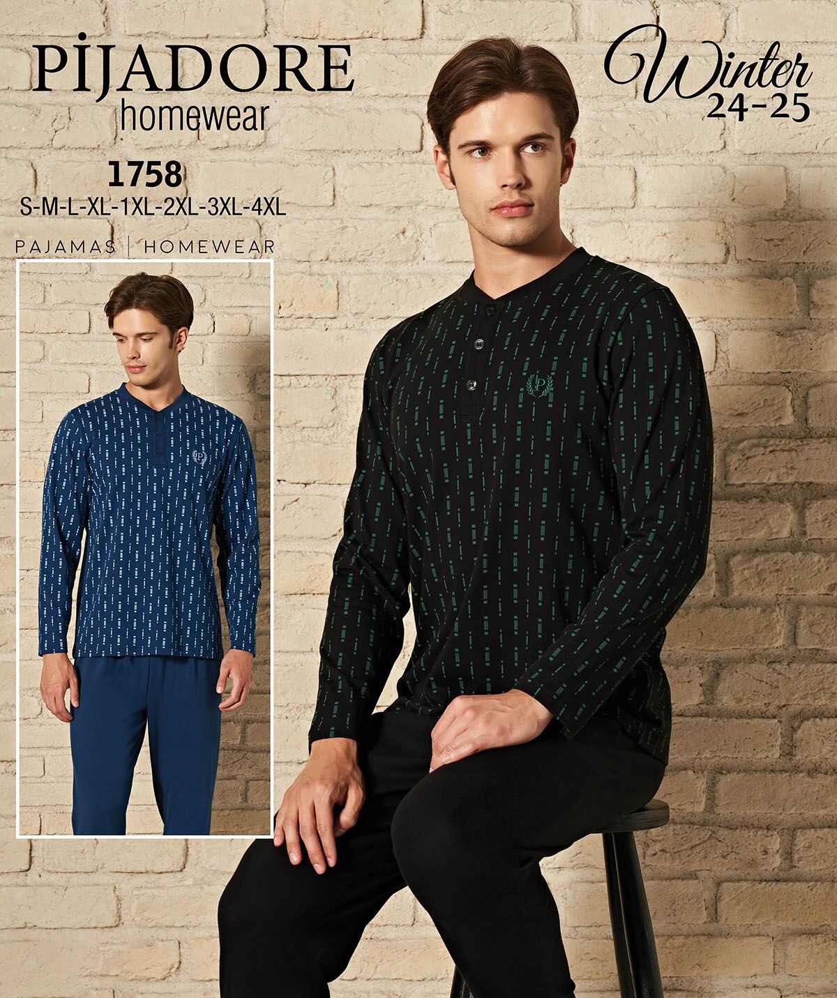 Pijadore 1758-B Battal Beden Uzun Kollu Erkek Pijama Takım 4'lü