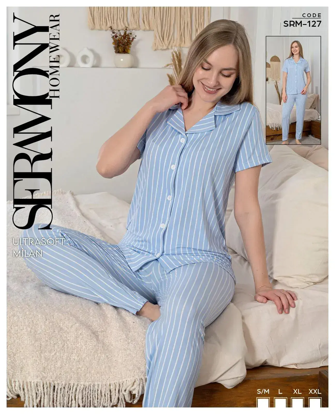 Seramony 127 (S-M-L-XL-XXL) Soft Milan Kısa Kollu Boydan Düğmeli Bayan Pijama Takım 4'lü