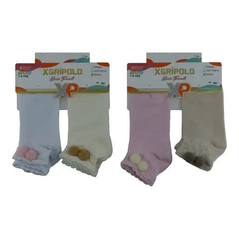 XGRİ POLO Ç-49 Yıkamalı Ponponlu Dikişsiz Kız Çocuk Patik Çorap 12'li