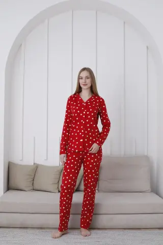 Kapitex 9898 (M-L-XL-XXL) Boydan Düğmeli Bayan Uzun Kol Pijama Takım 4'lü