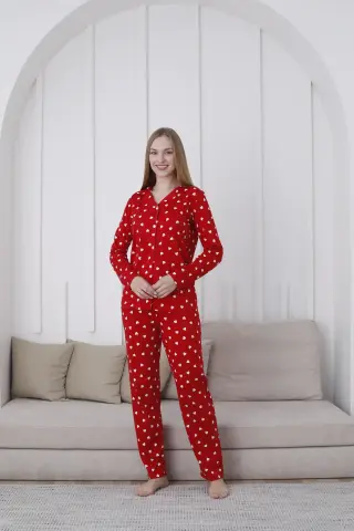 Kapitex 9898 (M-L-XL-XXL) Boydan Düğmeli Bayan Uzun Kol Pijama Takım 4'lü