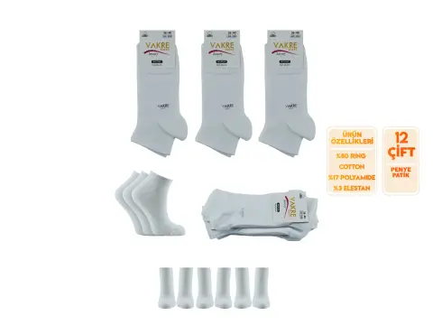 Vakre 9328-Beyaz (36-40) Bayan Penye Patik Çorap 12'li