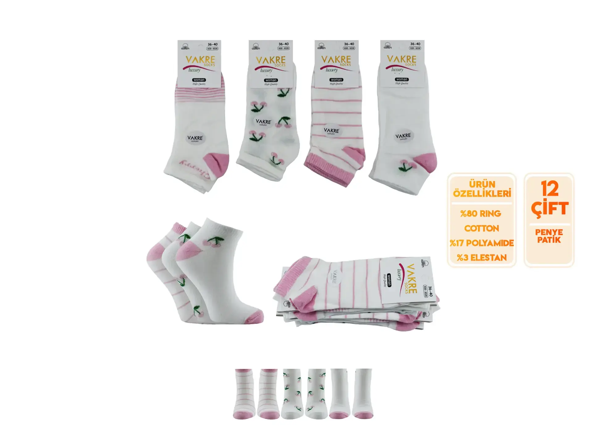 Vakre 9328-39 (36-40) Bayan Penye Patik Çorap 12'li