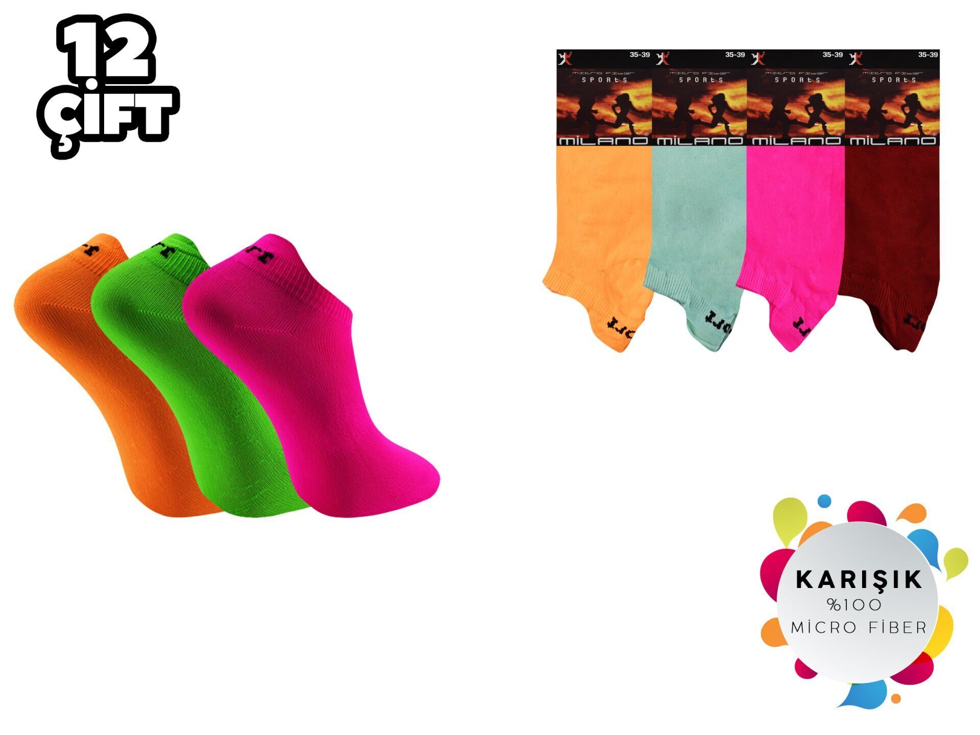 Milano19 Karışık Mikro Bayan Patik Çorap 12'li