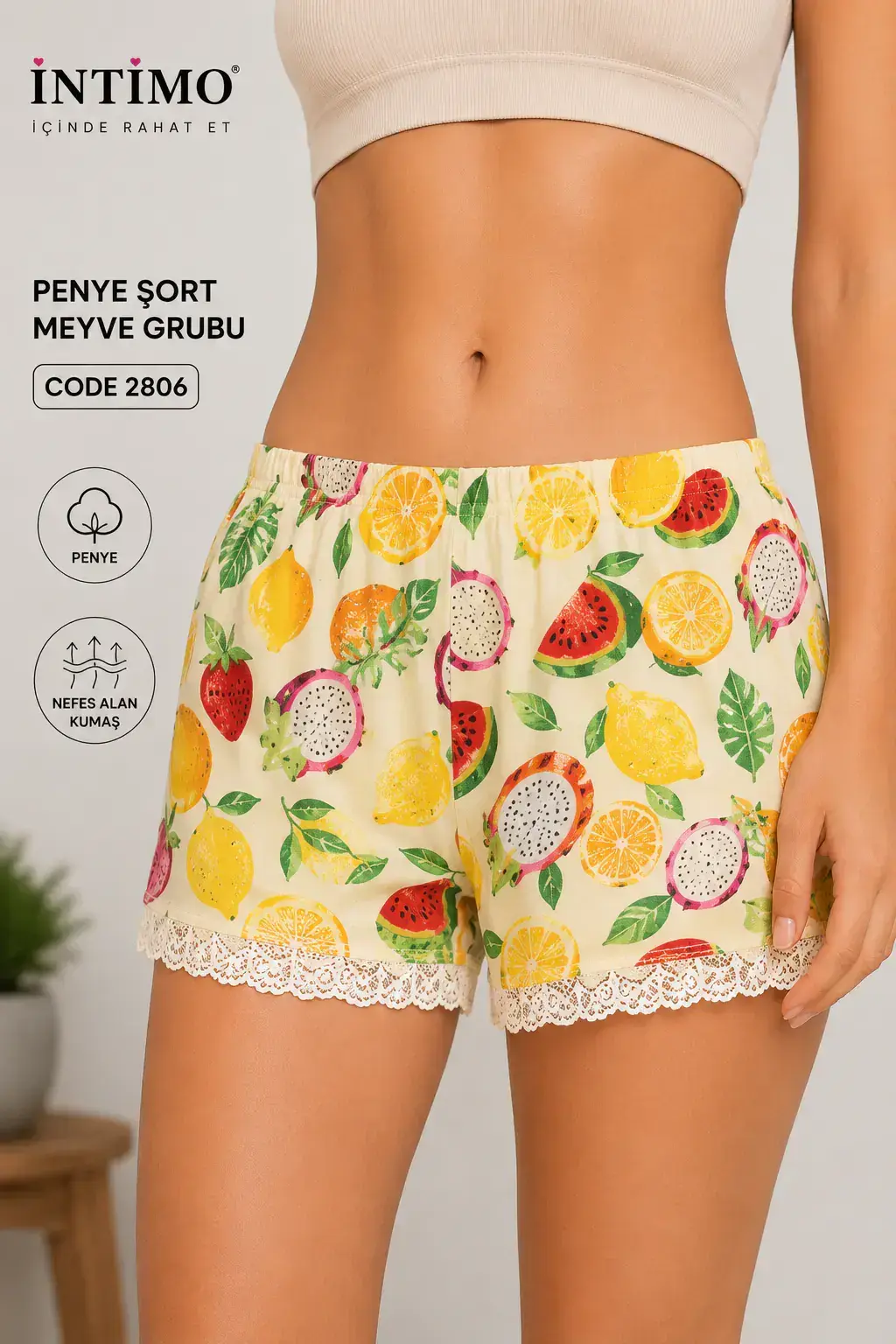 İntimo 2806 (S-M-L-XL) Penye Likralı Meyve Desenli Bayan Şort 6'lı