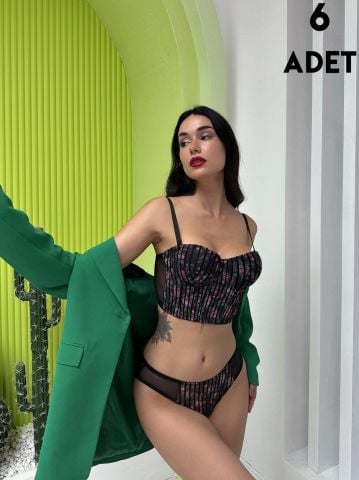 Cansoy 682 Siyah Simli Balenli Destekli Bustiyer Sütyen Takım 6'lı