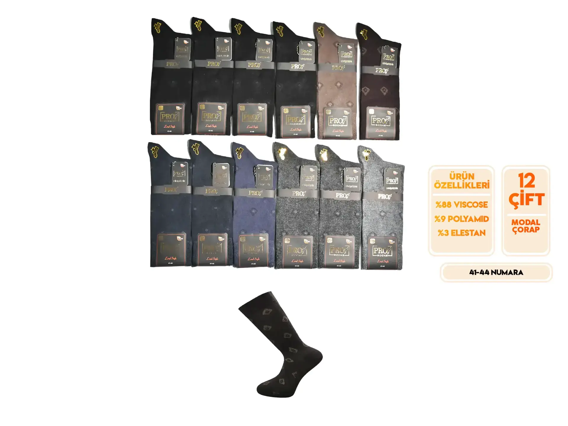 Pro 18657 (41-44) Dikişsiz Modal Erkek Çorap 12'li