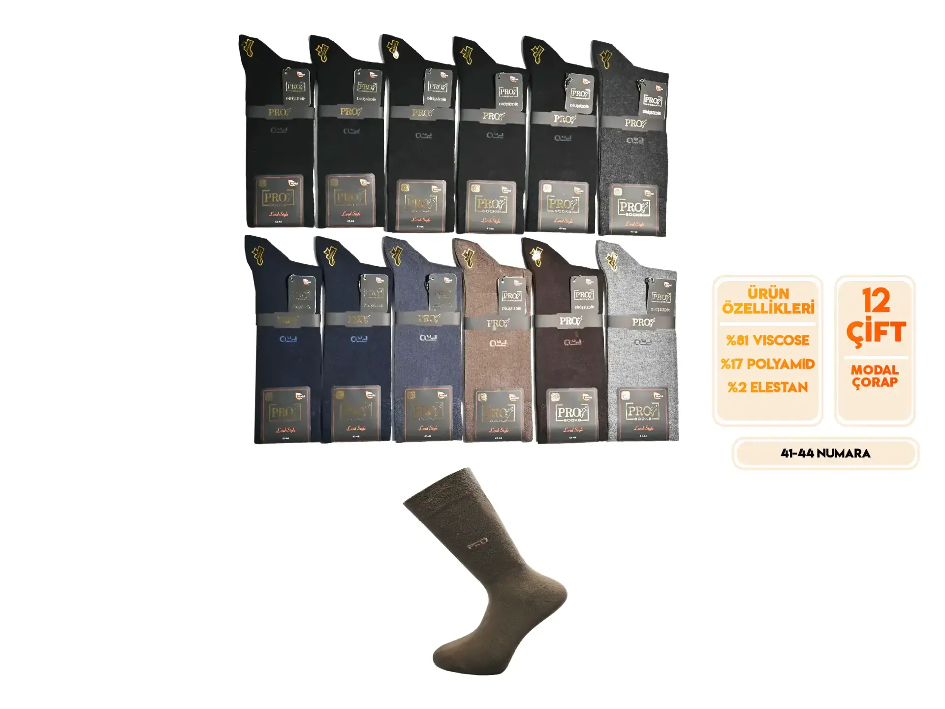 Pro 18661 (41-44) Dikişsiz Modal Erkek Çorap 12'li